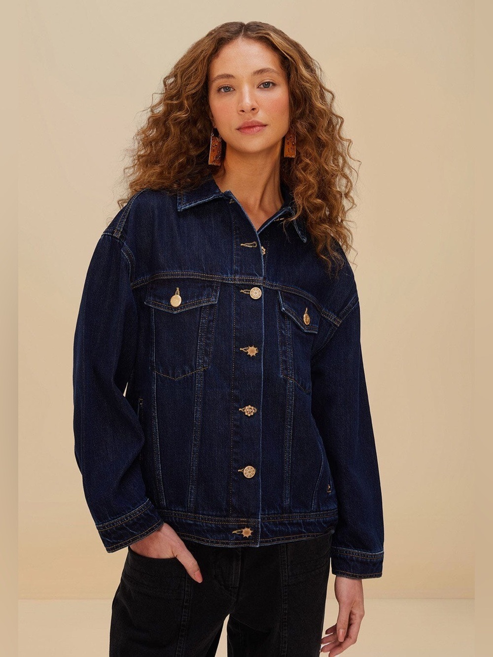 Farm Rio Dark Denim Buttoned Jacket